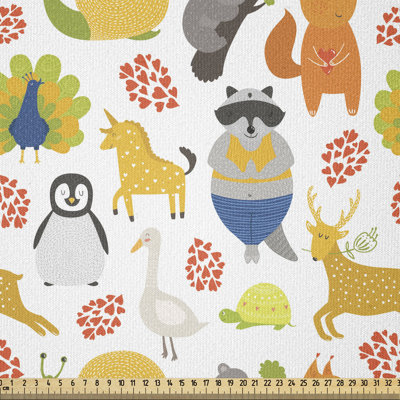 Tissu ambesonne par The Yard, dessin de animaux exotiques, pingouin, raton laveur et oie avec cœurs, amour de la nature
