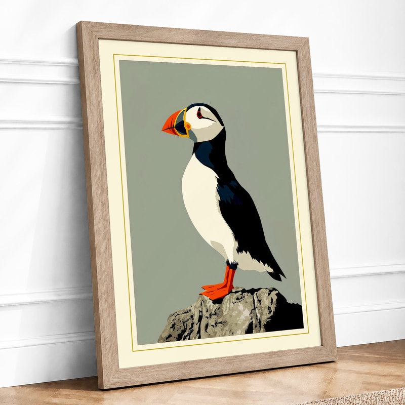 Puffin on Stone Japandi - Framed Print, A4 - 29.7 x 21.0 cm, Oak