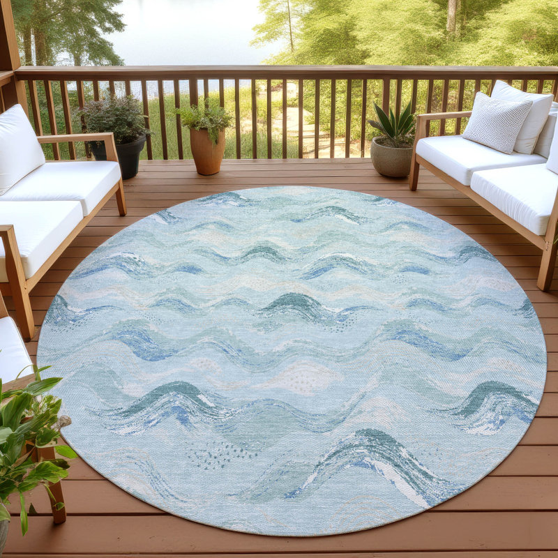Tapis Ceajay ACN3093 Waves, lavable à la machine, pour intérieur et extérieur, Ciel, 8 pi x 8 pi
