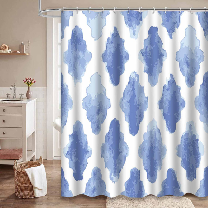 Rideau de douche aquarelle bleu marocain blanc avec 12 crochets, L 72 po x l 72 po