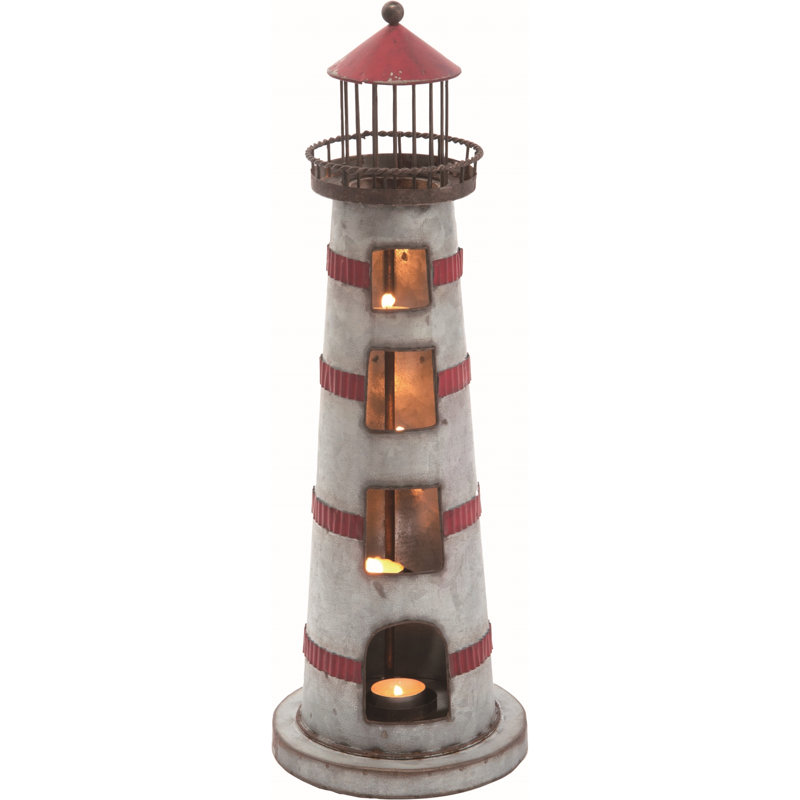 Porte-bougie phare en métal multicolore, H 20 po x l 7 po x P 7 po, Gris / rouge