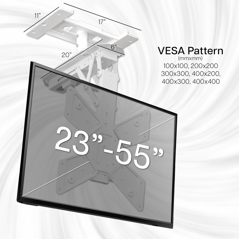 Support pour téléviseur à plafond rabattable motorisé électrique blanc VIVO, écran de 23 po à 55 po