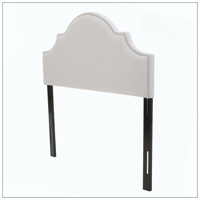 Upholstered Headboard With Durable Metal Legs Adjustable Height And Nailhead Trim For Bedroom, Light Gray