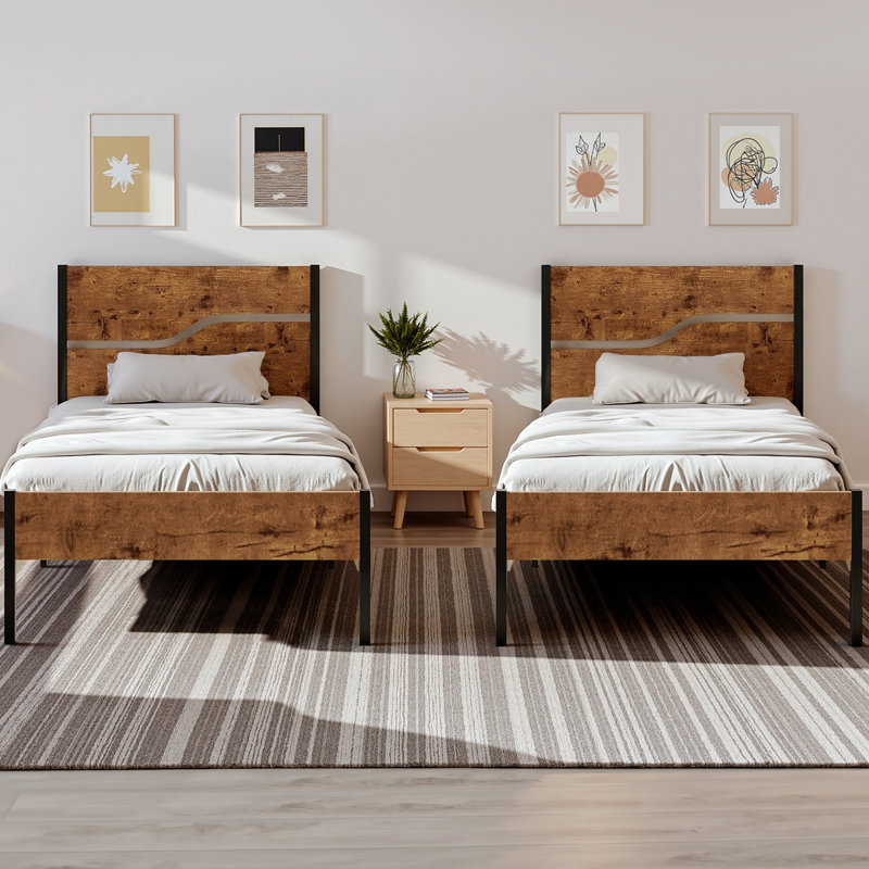 Rumaldo Set of 2 Bed Frame, 2 Pack Twin Size Platform Bed Frame with Wood Headboard, Rustic Farmhouse Industrial Style for Kids, Guest Rooms & Apartments, No Box Spring Needed