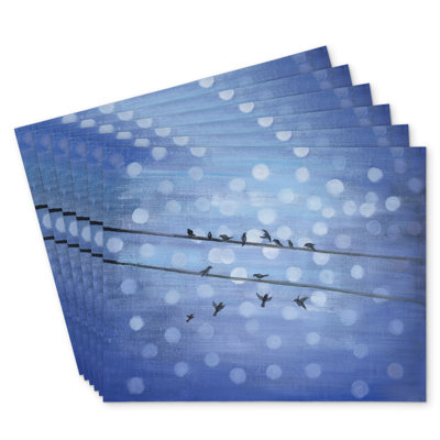Birds on Glittering Blue Sky, Polyester Kibbe Set of 6