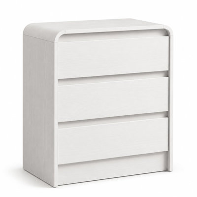 Curved Nightstand, Bedside Table with Drawers and Open Shelf | Three Drawers White Grain Finish With Rounded Edges Charging Station, Ideal As End Table For Bedroom, Living Rooms