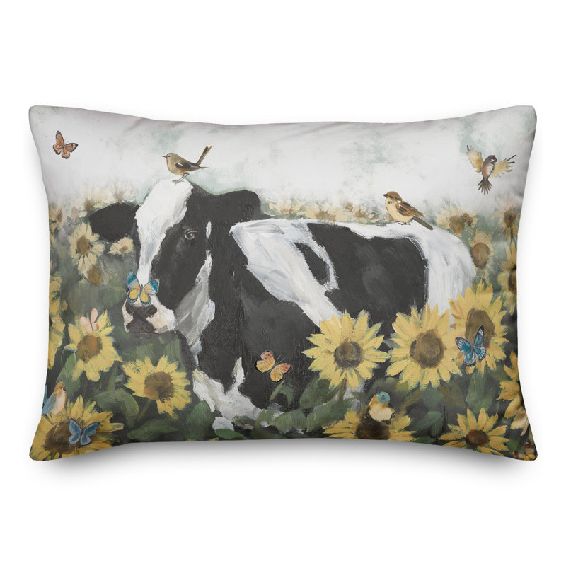 Coussin intérieur / extérieur Cow Sunflowers Birds Butterflies