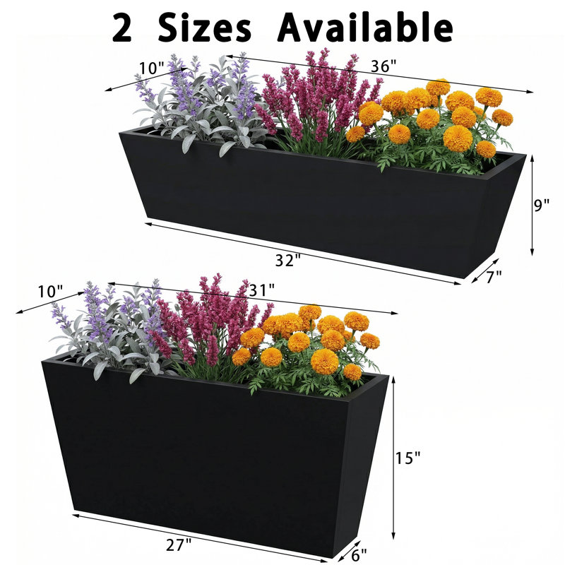 Pot à fleurs trapézoïdal en métal noir, H 15 po x l 10 po x P 31 po