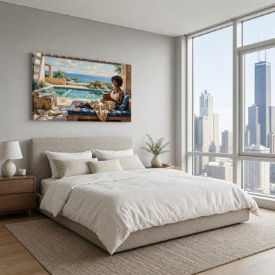 Woman Reading Book by Pool with Ocean View Canvas Wall Art