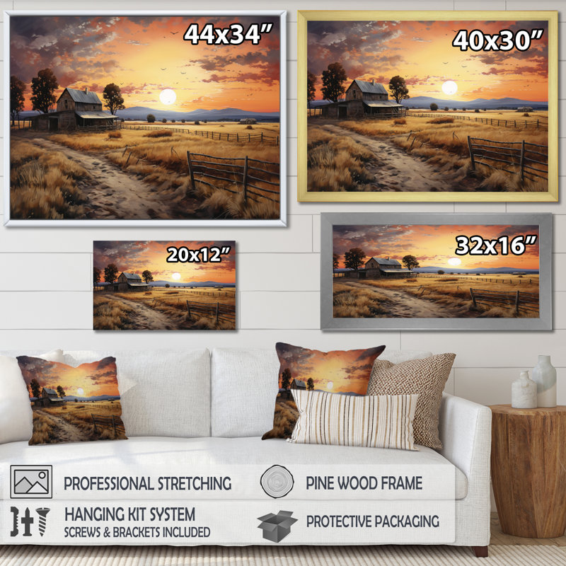 Barn Scenery at Dusk IV - Print, 24" H x 32" W, Floater Framed Print, Brown
