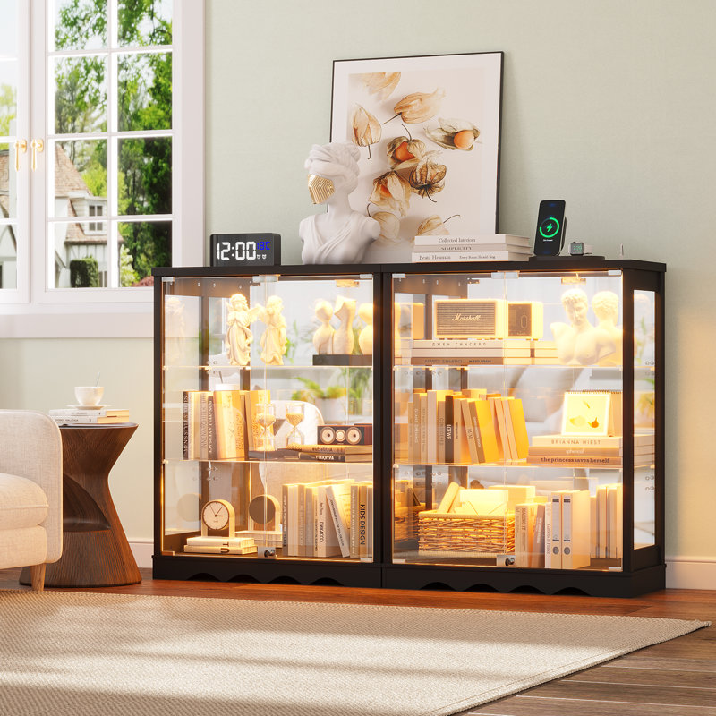 31"W 3-Tier Glass Display Cabinet with RGB Lights & Human Body Sensor, Black