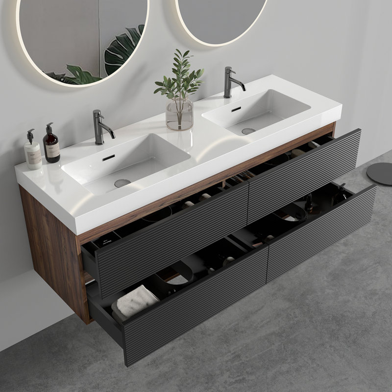 Meuble-lavabo de 60 po en noyer Grace avec lavabo à surface solide blanc brillant et tiroirs noirs doux, meuble-lavabo mural flottant, lavabo une pièce blanc brillant, pré-assemblé