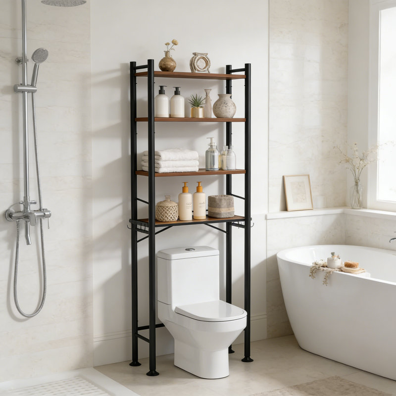 4-Tier Over The Toilet Storage Rack Adjustable Shelf Black Round