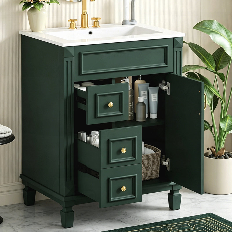 Meuble-lavabo 24 po avec lavabo en céramique, conception compacte, 2 tiroirs, tablette réglable pour les petits espaces