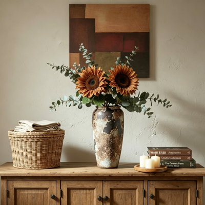 Grand vase en terre cuite de style campagnard, grand vase rustique en céramique de 11,4 pouces avec texture terreuse patinée, décoration Wabi-Sabi faite à la main pour le salon