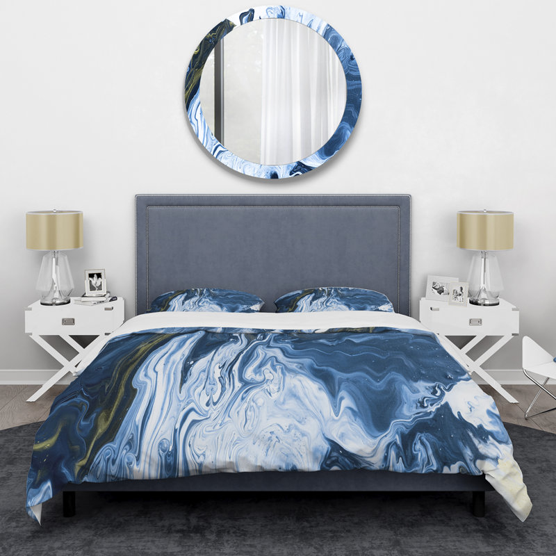Ensemble de housse de couette moderne et contemporain - acrylique blanc, gris et marbre blanc III, Bleu/blanc