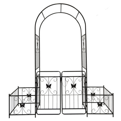 Arche de jardin en métal avec portillon, 202 cm de large x 220 cm de hauteur, noire - Plantes grimpantes : lierre, rosier, ipomée, jasmin. Portillon haut, modèle rare.