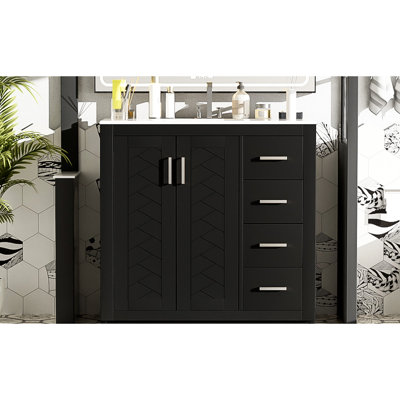 Meuble-lavabo noir 36 po avec lavabo en céramique: poignées élégantes et élégantes