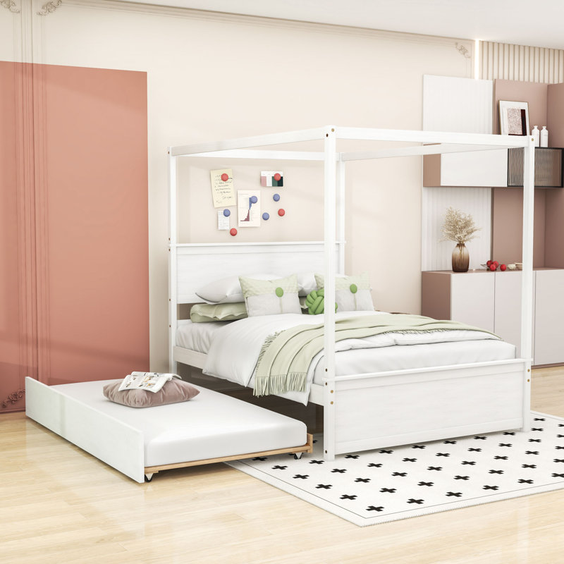 Lit plateforme double à baldaquin en bois avec lit gigogne simple