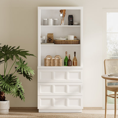 Boho Farmhouse Pantry Cabinet, Rustic Wood Freestanding Kitchen Storage Cabinet With Open Shelves & Rebound Handle-Free Drawers, Thickened Engineered Wood Anti-Wobble Multipurpose Storage Hutch For Kitchen, Dining Room, Entryway