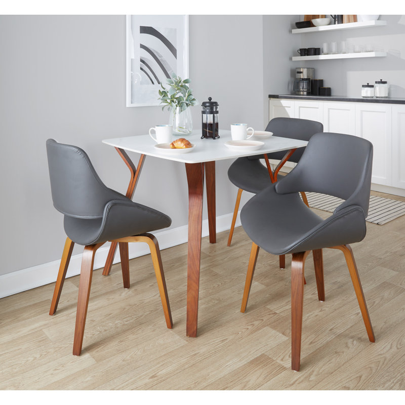 Najrin Upholstered Side Chair with Bent Wood Legs, Gray Faux Leather, Walnut Bent Wood
