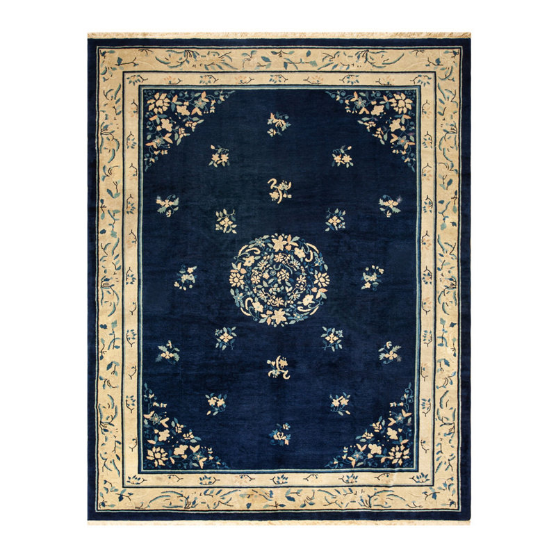 Classic Blue Color Floral Medallion Design Antique Peking Chinese Rug
