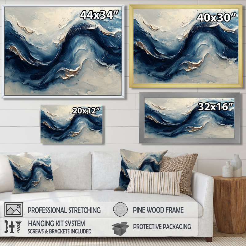 Encre bleue et grise, vagues de la rivière - peinture abstraite, art mural, Cadre flottant, H 12 po x l 20 po, Doré
