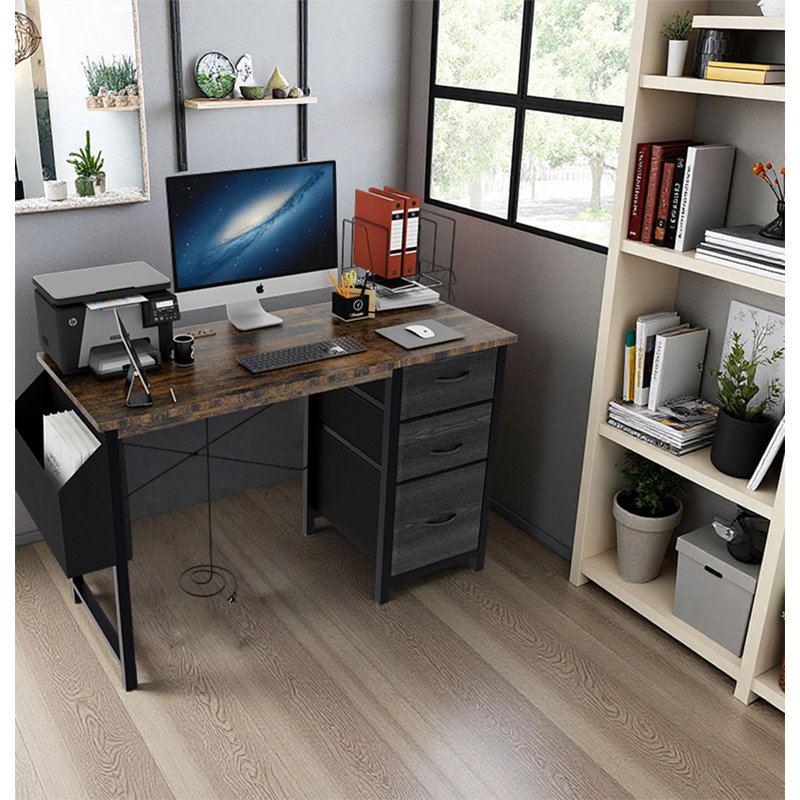 47.3"Office Desk With Power Outlet,3 Drawers,Side Pocket, Study Desk Easy To Assemble,Frame Stability Reversible For Home Desk, Company Computer Desk, Game Table,Vanity Table