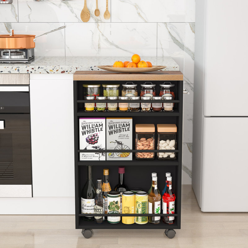 Black Wood Slim Kitchen Cart with Storage and Wheels