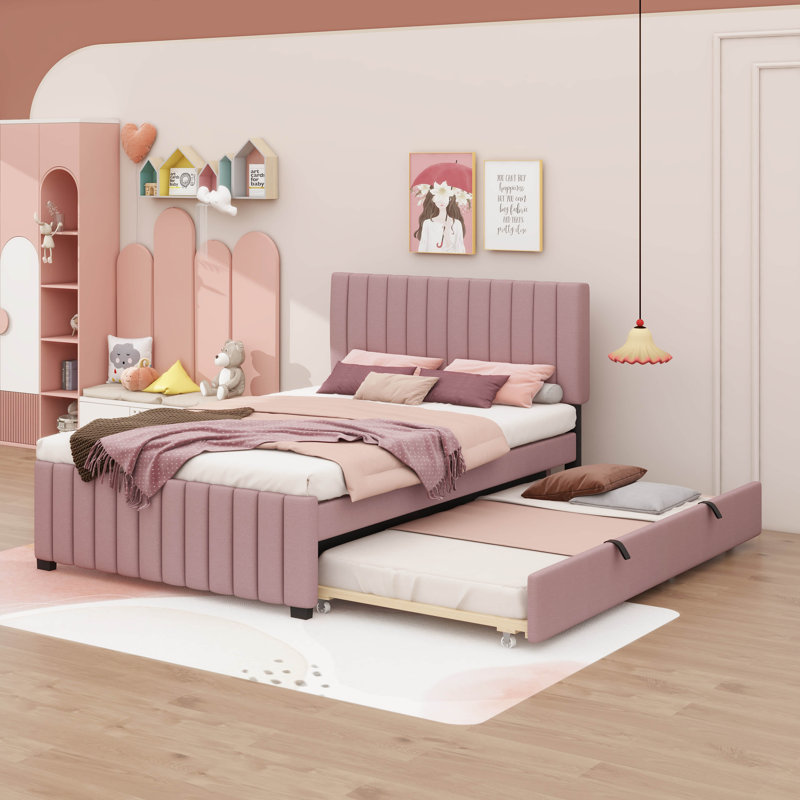 Élégant lit plateforme en velours double avec gigogne gigogne pratique, Rose
