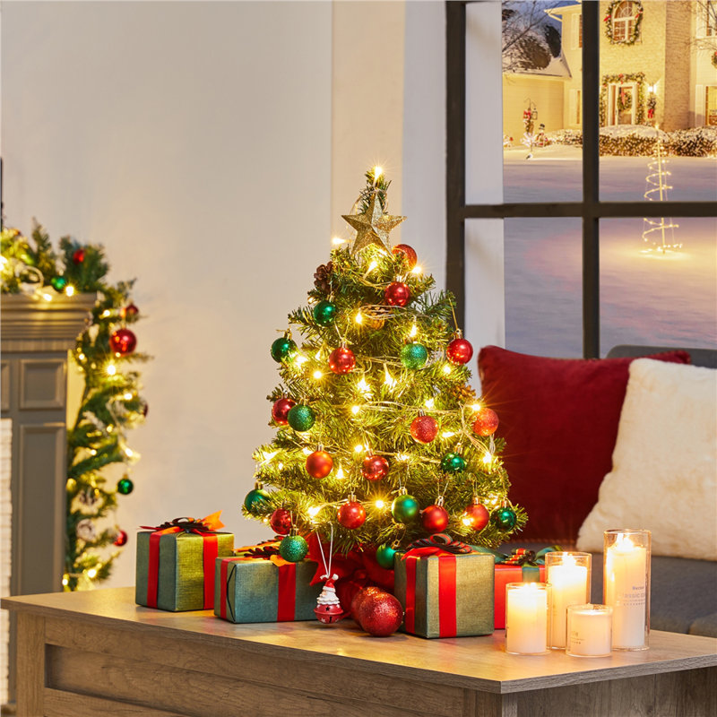 Arbre de Noël de table portable avec base en béton vert, 3', Illuminée