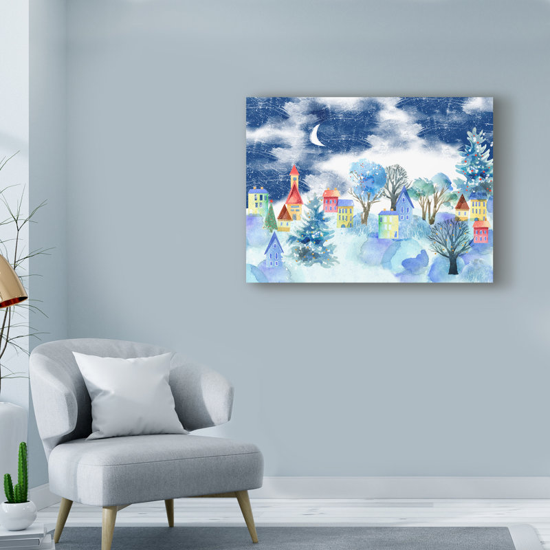 « winter village », reproduction de peinture à l’acrylique sur toile tendue, H 24 po x l 32 po x P 2 po