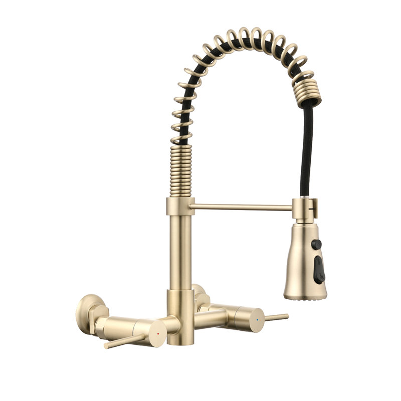 3 Functions Wall Mounted Bridge Kitchen Faucet, 1.8GPM, Brushed Gold