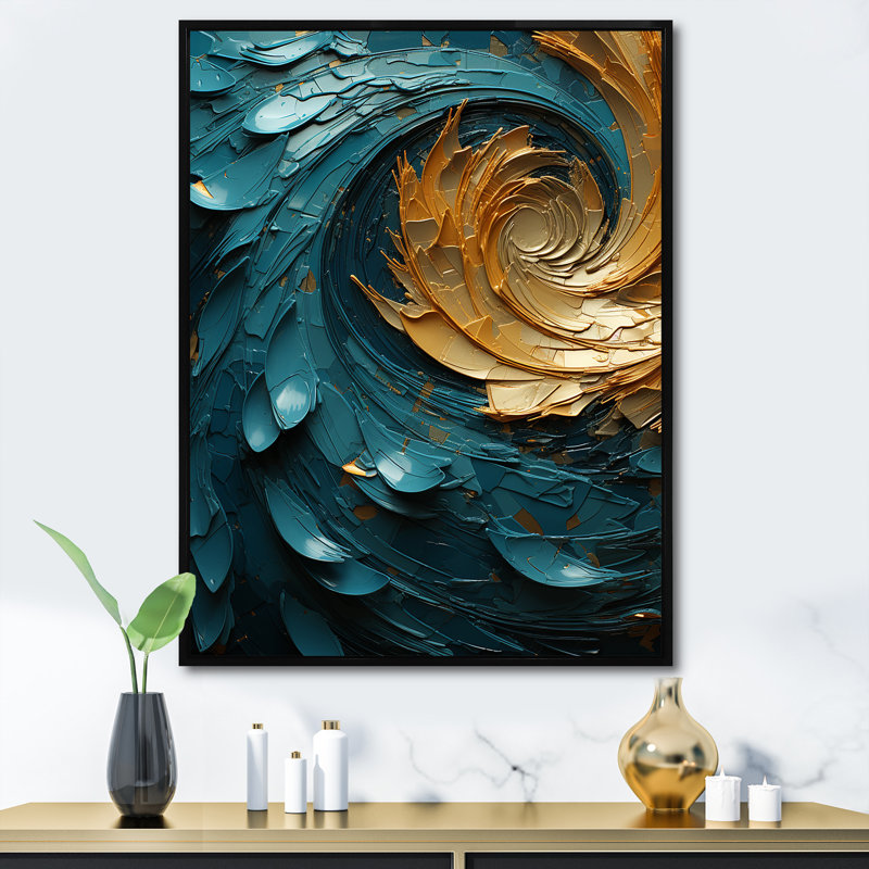 Majestic Motion Teal Spiral sur toile, H 32 po x l 24 po x P 1 po, Cadre flottant noir