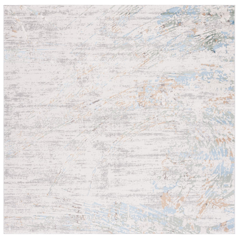 Wayde Abstract Power Loom Grey / Turquoise Area Rug, Square 6'7"