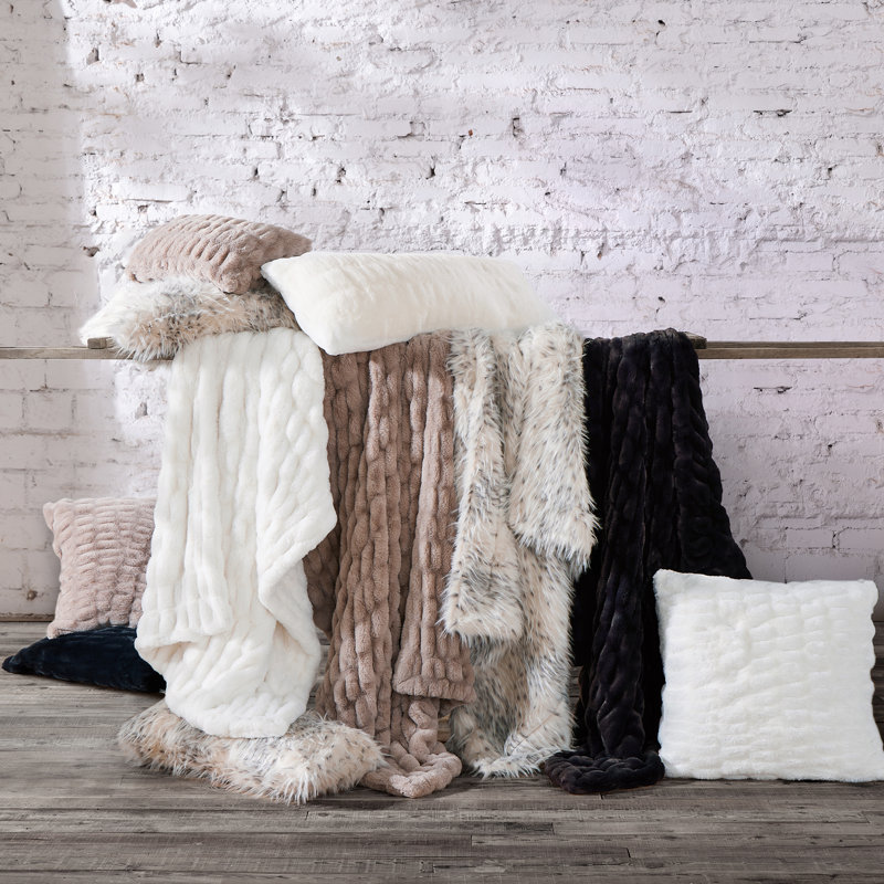  Reversible Ruched Rabbit Solid Faux Fur Classic Modern Rustic Throw Blanket, 50" x 80", Pink Blush