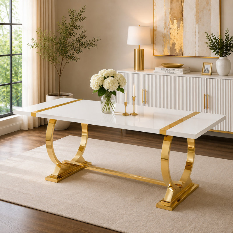 Hols Dining Table, 30" H x 80" W x 39" D, Gold / White