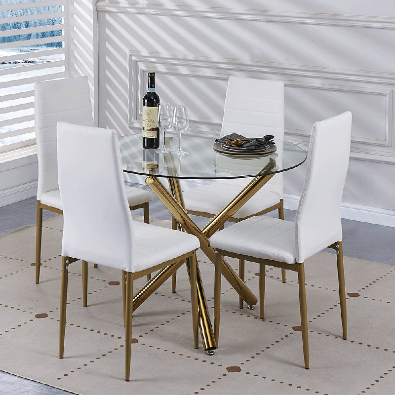 Supat Round Glass Top Metal Base Dining Table, Brown