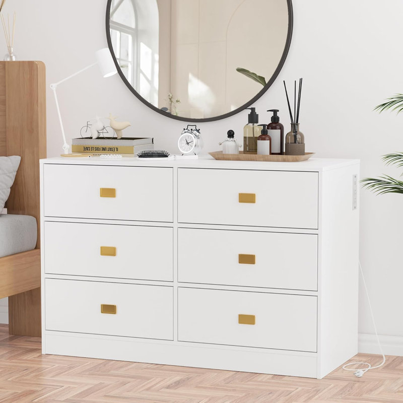 Commode 6 tiroirs, commode à langer avec plateau à langer, commode à langer pour bébé avec prises de courant, matelas à langer et plateau amovible