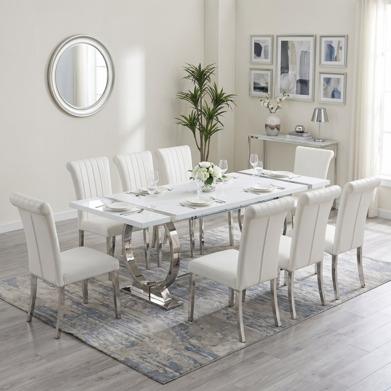 Chaises de salle à manger rembourrées modernes en similicuir avec dossier haut roulé et pieds en acier inoxydable, White