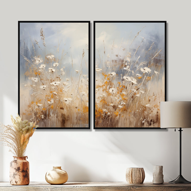 «Beige et gris Meadows Breeze», art mural grande prairie, Black, 36" H x 48" W, Impression encadrée flottante