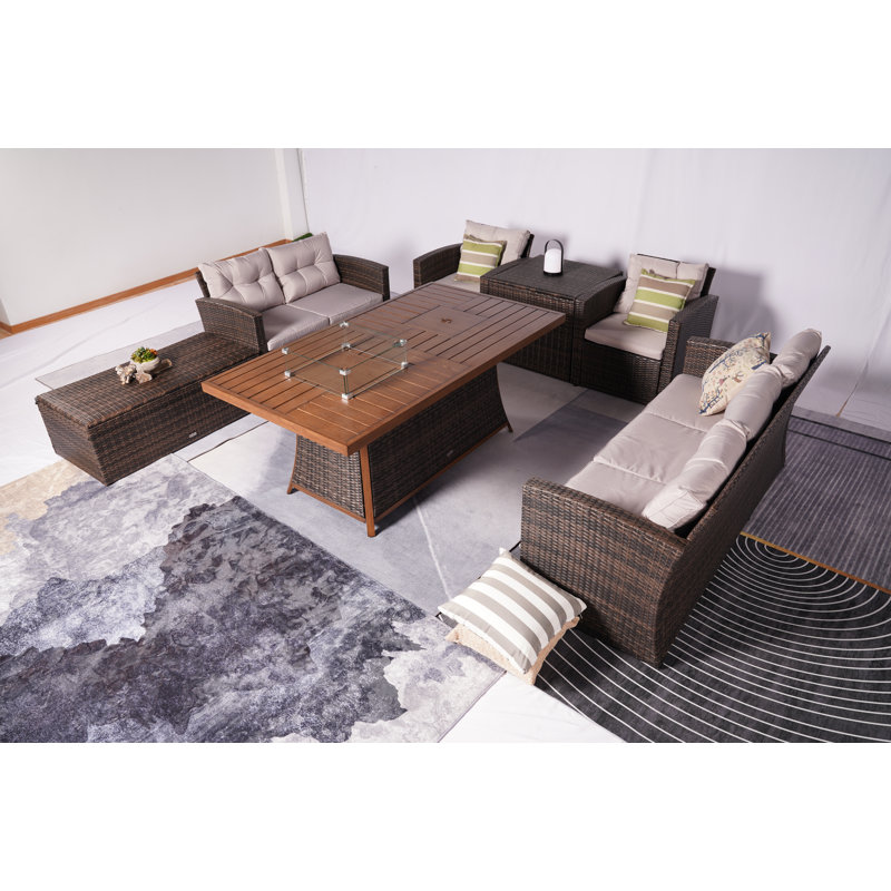 7 - Person Wicker Patio Dining Set with Rectangular Table , Cushions Included, Brown