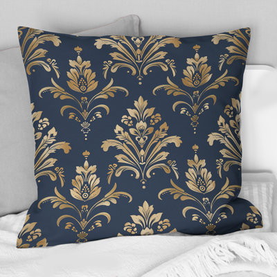 Blue Gold Timeless Damask Pattern IV - Traditional Throw Pillow