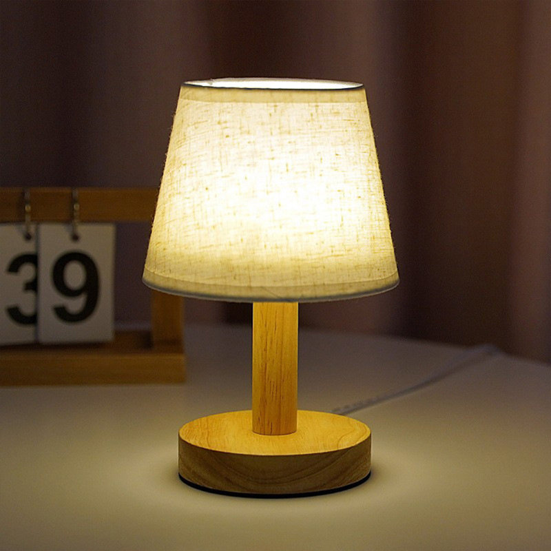 Lampe de table en bois massif et en tissu avec USB, petite lampe de chevet pour chambre, bureau ou dortoir, veilleuse DEL décorative