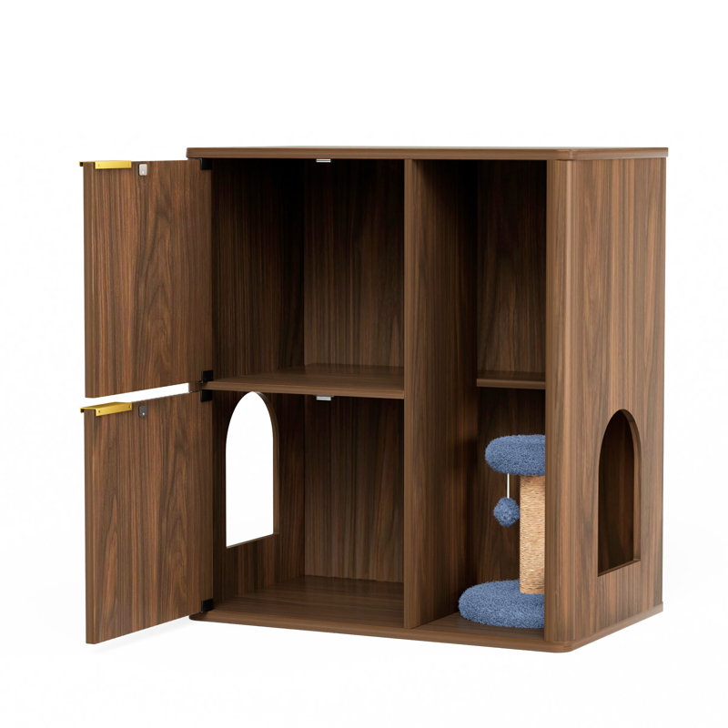 Litière pour chat en noyer de 31,5 po avec arbre, portes à double entrée et tablette de rangement. Il cache une boîte de style Mid-Century moderne, permet aux chats d'entrer librement, et offre un espace de repos confortable.