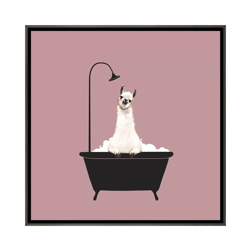 Lama dans une baignoire, Toile encadrée de bois rustique foncé, H 37 po x l 37 po x P 1,5 po