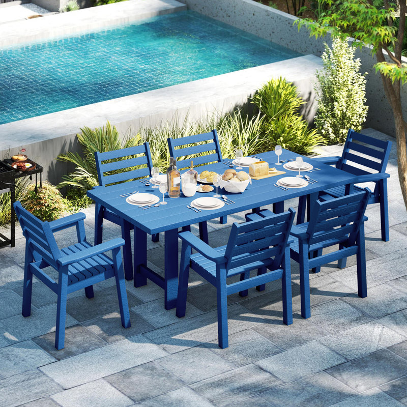 Ensemble de table de salle à manger d'extérieur en Hdpe 7 pièces avec chaises et trou pour parasol Immie, bleu, Bleu, 6