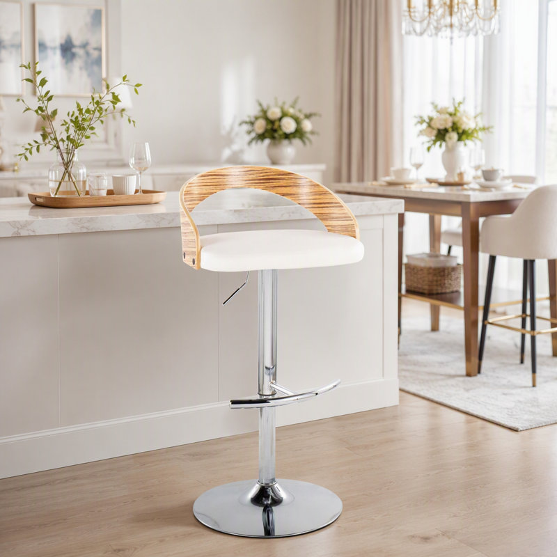 Tabouret de bar réglable avec pivot en métal chromé, bois de zèbre et similicuir blanc avec repose-pieds arrondi en T - ensemble de 3