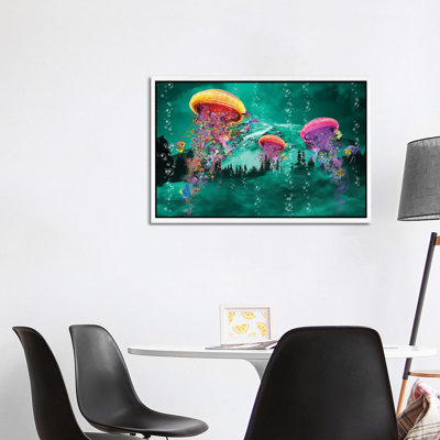 Electric Jellyfish In Front Of A Mountain by David Loblaw - Print on Canvas