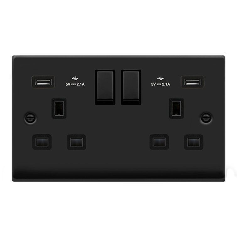 Matt Black 2 Gang 13A DP Ingot 2 USB Twin Double Switched Plug Socket